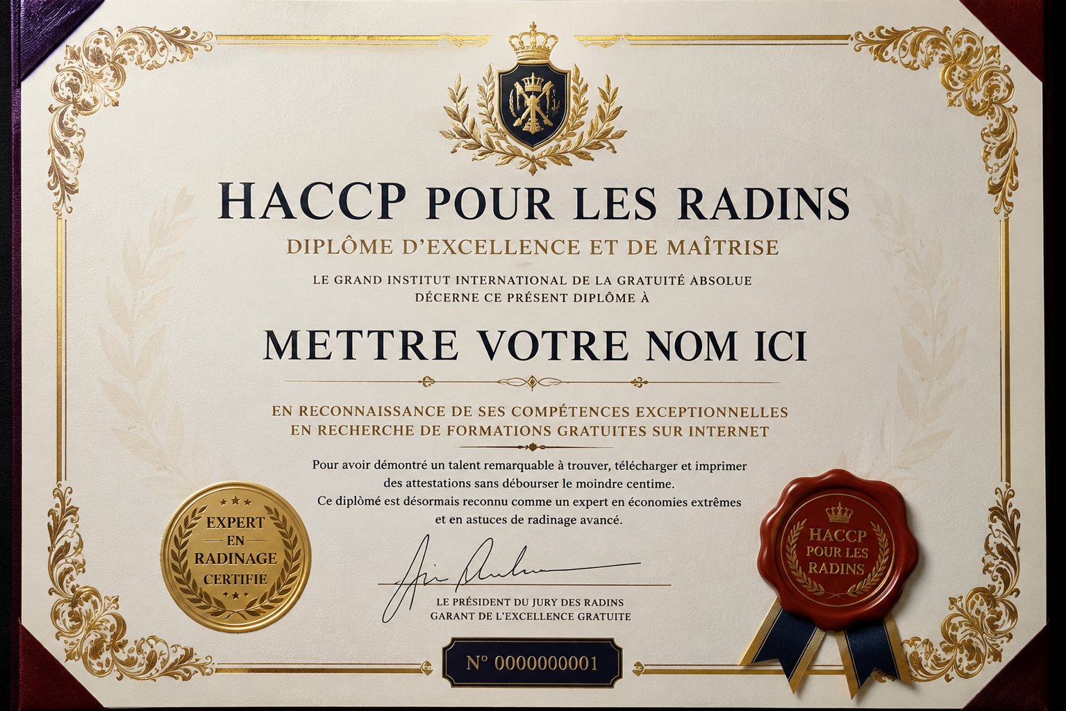 Attestation HACCP gratuite - Diplôme d'excellence et de maîtrise en radinage délivré par le Grand Institut International de la Gratuité Absolue, expert en recherche de formations gratuites sur internet.